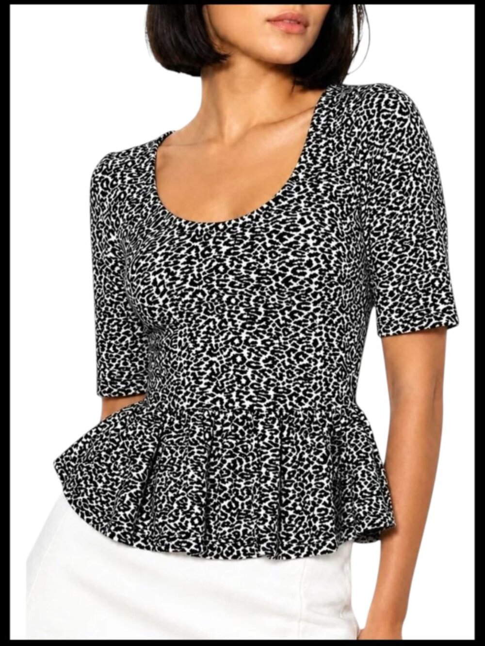 Anthropologie Maeve Peplum Top Black White Leopard Print XS